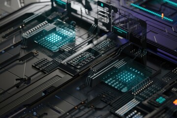 Poster - Abstract rendering of a futuristic technological circuit board with glowing blue components.