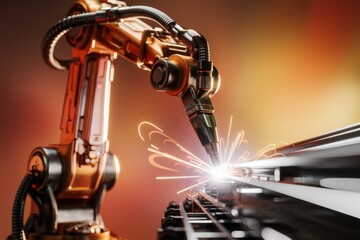Poster - A robotic arm welding metal, sparks flying, showcasing advanced industrial automation.