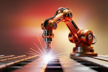 Poster - Industrial robot arm welding metal with sparks, showcasing automation in manufacturing.