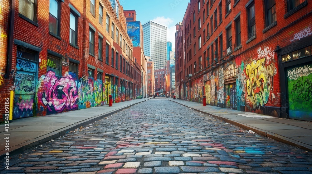 Urban street scene, cobblestone pathway, colorful wall art on brick ...