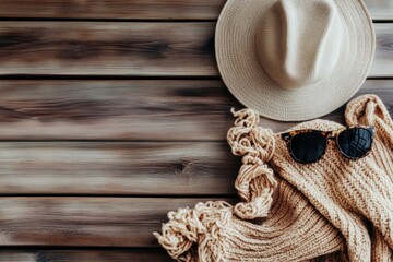 Aufkleber - Fashion accessories laid out on a rustic wooden table showcasing hats, scarves, and sunglasses for stylish looks. Generative AI