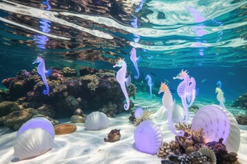 Poster - Glowing seahorses swim amidst radiant seashells on an ocean floor, a magical underwater scene.