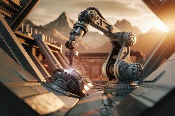 Poster - A robotic arm precisely welds a metal component in a futuristic factory setting.