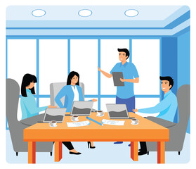 Poster - Meeting client. Team Collaborating in a Modern Office with Laptops and Documents.