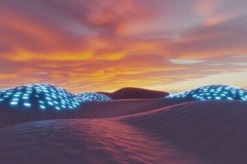 Poster - Futuristic glowing hills under a vibrant sunset sky.