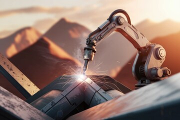 Poster - A robotic arm welds metal pieces with sparks flying, showcasing advanced automation in manufacturing.