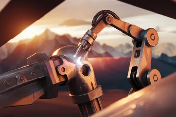 Poster - A robotic arm welds metal against a stunning sunset backdrop, showcasing advanced automation technology.