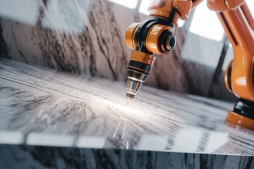 Poster - A robotic arm precisely performs a task, sparks flying, showcasing advanced automation technology.
