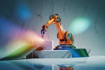 Poster - An orange robotic arm precisely welds a block, showcasing advanced automation and industrial technology.