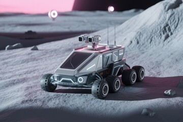 Poster - A futuristic lunar rover explores a desolate, cratered landscape under a pink sky.