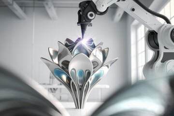 Poster - A robotic arm 3D prints a metallic lotus flower, showcasing advanced manufacturing and artistic design.