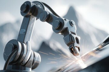 Poster - A robotic arm welds metal, sparks flying, showcasing advanced automation in manufacturing.