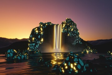 Aufkleber - Glowing rocks form a waterfall at sunset, creating a surreal and beautiful landscape.