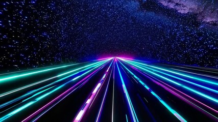 Poster - futuristic neon light trail with starry night sky, digital abstract concept