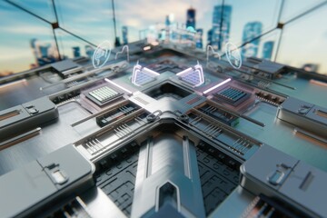Poster - Futuristic city tech, intricate circuitry and data streams flow, merging urban landscape and advanced technology.