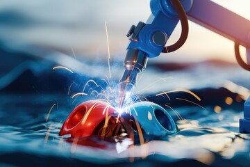 Poster - A robotic arm welds two colorful objects submerged in water, sparks flying.