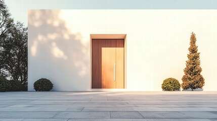 Wall Mural - Modern Minimalist House Entrance: A contemporary architectural design featuring a sleek wooden door set against a clean, minimalist white exterior wall.