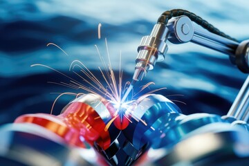 Poster - Robotic arm welding two metallic parts with sparks, showcasing industrial automation and precision.