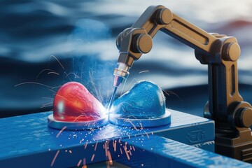 Poster - A robotic arm precisely welds two differently colored objects together, showcasing advanced automation in manufacturing.