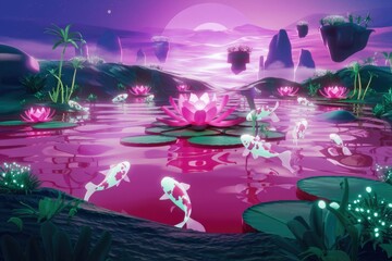 Aufkleber - Surreal pink landscape with floating islands, koi fish swimming in a lotus pond under a vibrant sunset.