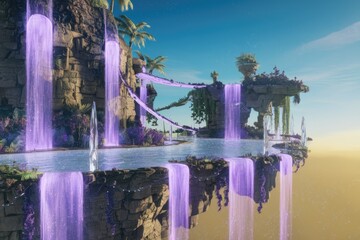 Poster - A fantasy island floats in the sky, adorned with cascading purple waterfalls and lush vegetation.