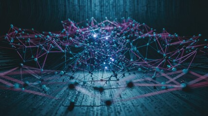 Poster - Abstract network visualization; interconnected nodes and lines represent data flow or relationships.