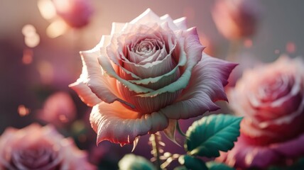 Aufkleber - A single rose blossoms in soft light, surrounded by other roses in a garden.