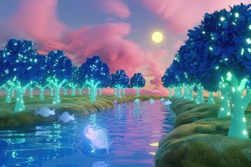 Poster - Glowing trees line a tranquil river in a surreal, dreamlike landscape under a pastel sky.