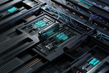 Poster - Futuristic technological circuit board with intricate components and glowing details, showcasing advanced hardware.