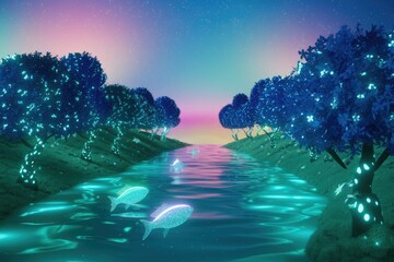 Aufkleber - Glowing trees line a tranquil river at dusk, with luminous fish swimming in the ethereal water.