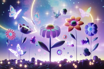 Aufkleber - Whimsical 3D render of a magical night garden with glowing flowers and butterflies.