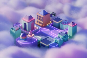 Aufkleber - A vibrant, futuristic city floats amidst pastel clouds, illuminated by neon lights, showcasing whimsical architecture.