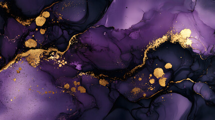 Poster - Purple and gold marble wallpaper with decorative tulips on a soft background
