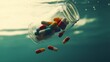 © 69 Timeless  Studio  - An overturned pill bottle slowly releases colorful tablets into clear water, suspended in weightless motion.