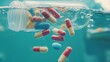 © 69 Timeless  Studio  - An overturned pill bottle slowly releases colorful tablets into clear water, suspended in weightless motion.