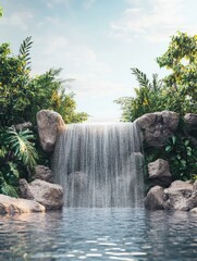 Poster - Beautiful waterfall cascading into tranquil pool surrounded by lush greenery at sunrise. Generative AI