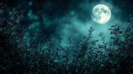 Wall Mural - mystical moonlight: an ethereal full moon casts an enchanting glow upon a shadowy landscape of leave