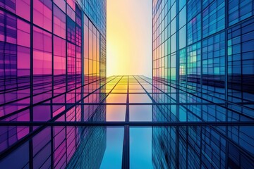 Aufkleber - Futuristic cityscape features towering skyscrapers reflecting vibrant sunset colors. Generative AI