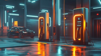 Leinwandbilder - Futuristic electric vehicle charging station in a vibrant high tech urban environment. Generative AI