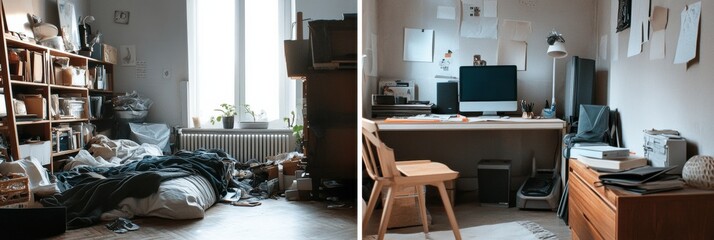 Leinwandbilder - Contrasting environments showcase the impact of organization on small spaces and personal productivity. Generative AI