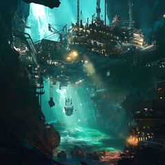 Poster - A massive undersea research facility, cracked open, revealing a glowing deep-sea abyss