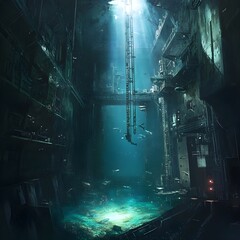 Poster - A massive undersea research facility, cracked open, revealing a glowing deep-sea abyss