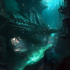 Poster - A massive undersea research facility, cracked open, revealing a glowing deep-sea abyss