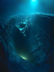 Poster - A massive undersea research facility, cracked open, revealing a glowing deep-sea abyss