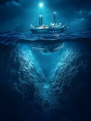 Poster - A massive undersea research facility, cracked open, revealing a glowing deep-sea abyss