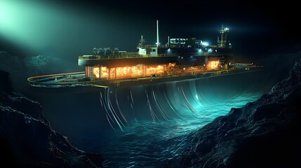 Poster - A massive undersea research facility, cracked open, revealing a glowing deep-sea abyss