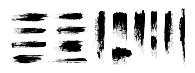 Poster - Paint brush strips with rough edges and fading marks on white background. Black smeared streaks with natural ink texture and vertical movement. Grunge elements for urban design or abstract art.