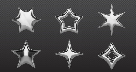 Poster - Y2k chrome stars set isolated on transparent background. Vector realistic illustration of abstract 3d silver elements, liquid mercury bubbles, shiny steel geometric figures, retro futuristic aesthetic