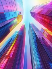 Leinwandbilder - Futuristic cityscape featuring vibrant skyscrapers reflecting colors under a bright sky during daytime. Generative AI