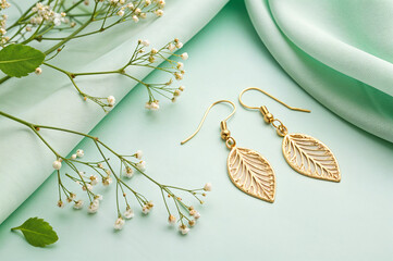 Poster - gold earrings in the form of leaves, nature concept . Generative AI